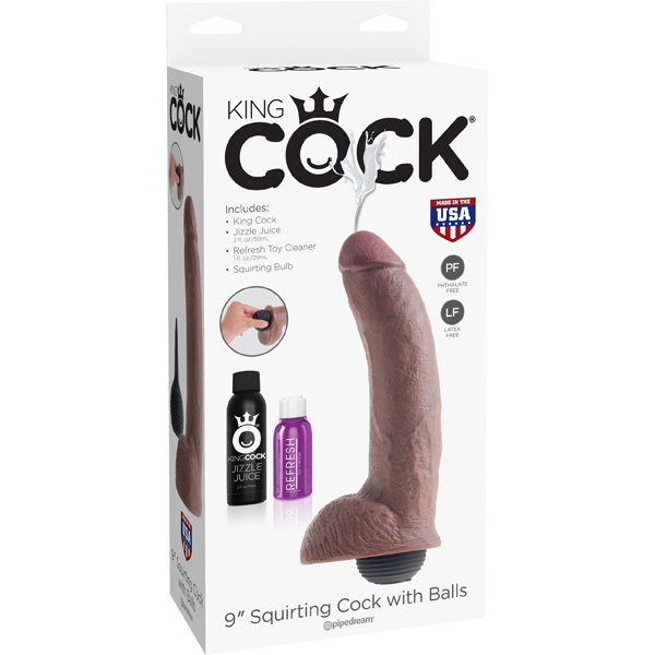 King Cock 9" Squirting Cock w/ Balls Brown
