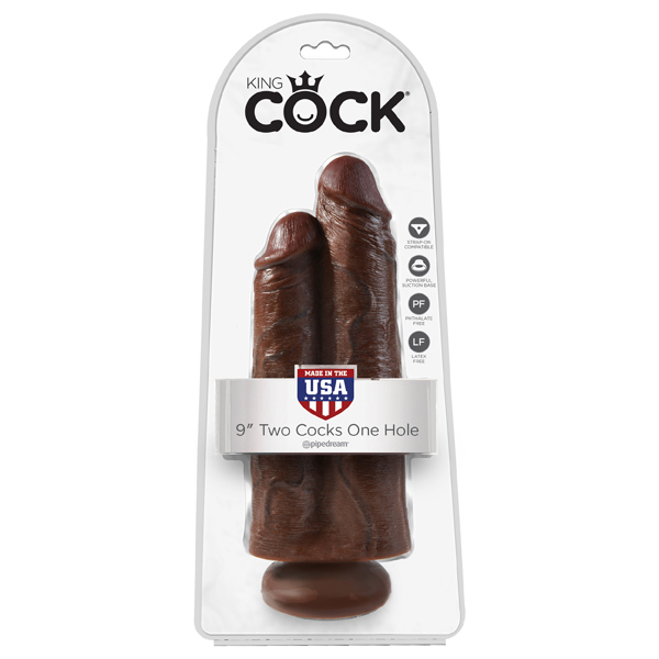 King Cock 9" Two Cocks One Hole Brown