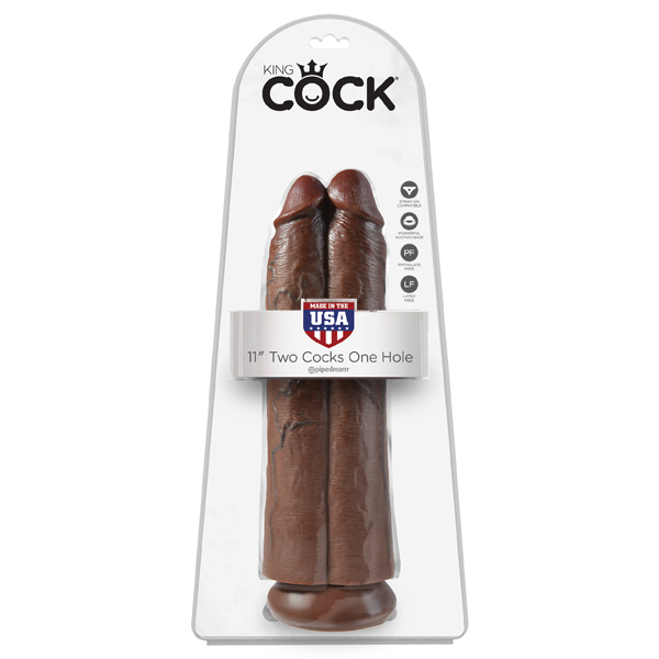 King Cock 11" Two Cocks One Hole Brown