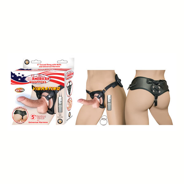 All American Whoppers Vibrating 5" Curved Dong W/Balls & Universal Harness Flesh