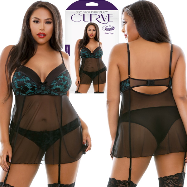 Halle Lace Babydoll with Garters and Matching Panty - 1X/2X Boxed