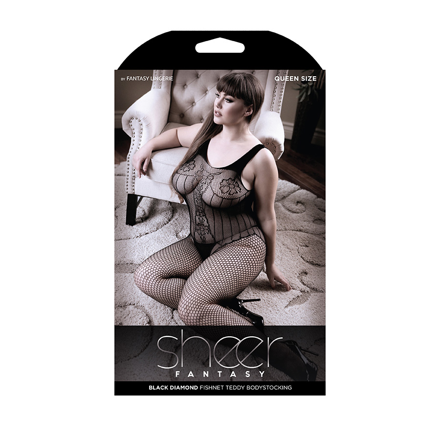 Black Diamond Fishnet Teddy Bodystocking -  Queen Size Boxed