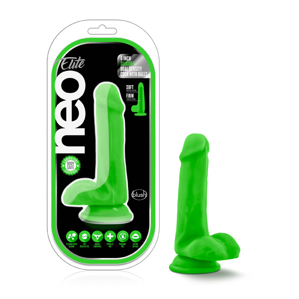 Neo Elite 6" Silicone Dual Density Cock With Balls Neon Green