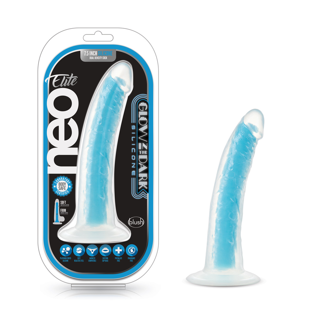 Neo Elite Glow In The Dark 7.5" Silicone Dual Density Cock With Suction Cup Neon Blue
