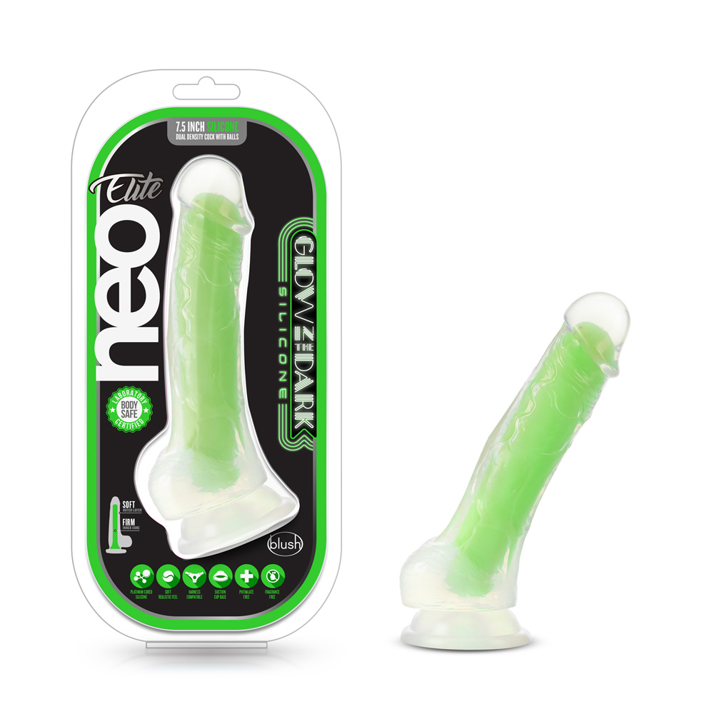 Neo Elite Glow In The Dark 7.5" Silicone Dual Density Cock With Balls Neon Green