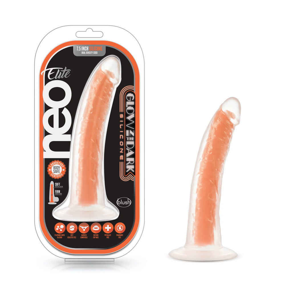 Neo Elite Glow In The Dark 7.5" Silicone Dual Density Cock With Suction Cup Neon Orange