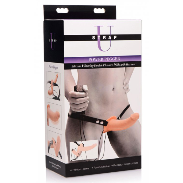 Strap U Power Pegger Silicone Vibrating Double Dildo With Harness - Flesh