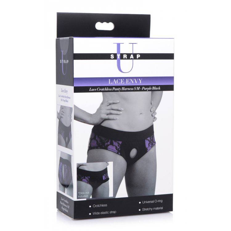 Strap U Lace Envy Lace Crotchless Panty Harness Purple/Black S/M
