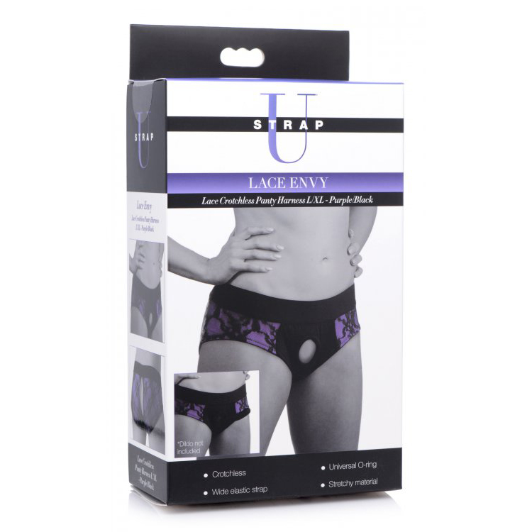 Strap U Lace Envy Lace Crotchless Panty Harness Purple/Black L/Xl