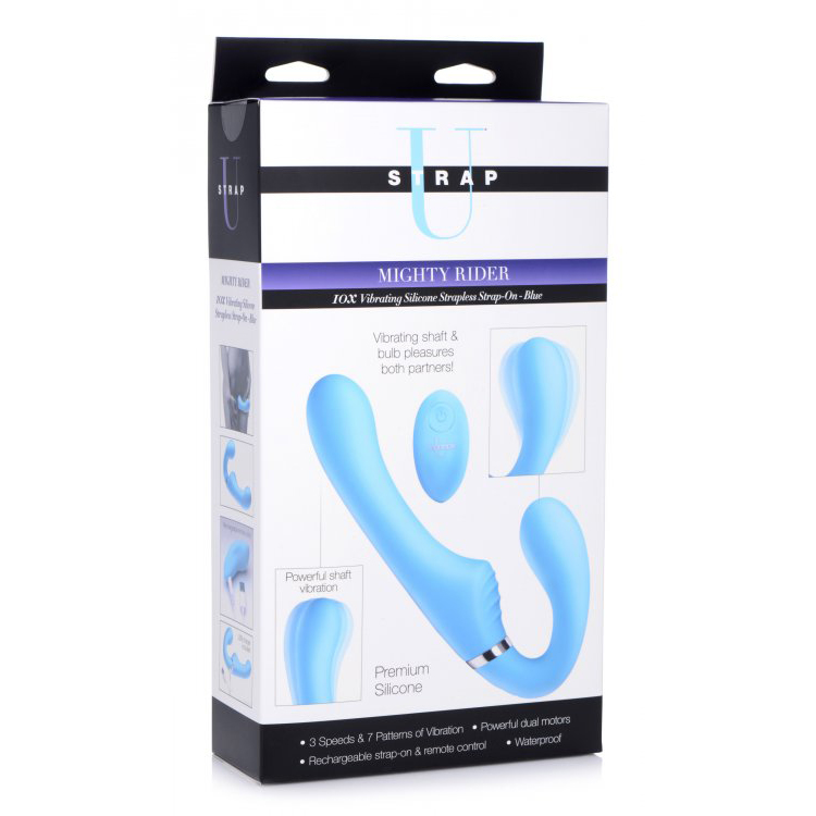 Strap U Mighty Rider 10X Vibrating Silicone Strapless Strap-On Blue