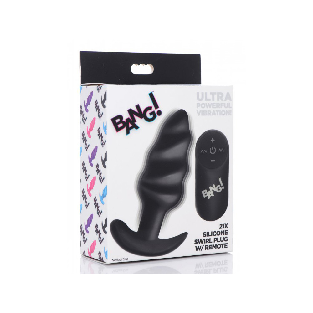 Bang! 21X Vibrating Silicone Swirl Butt Plug W/ Remote Control Black