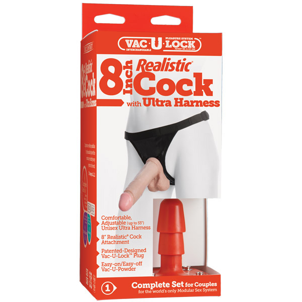 Vac-U-Lock - 8" Realistic Cock - With Ultra Harness White